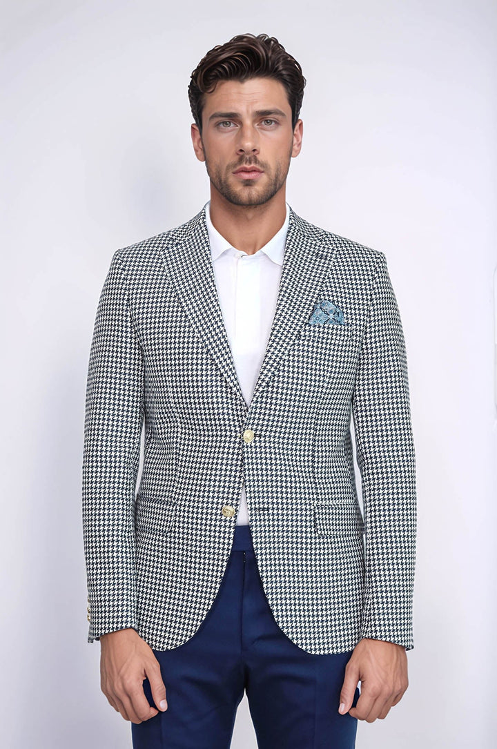 WSS Navy Blue Houndstooth Pattern Gold Metal Button Slim Fit Men's Blazer Jacket  - Annemasse