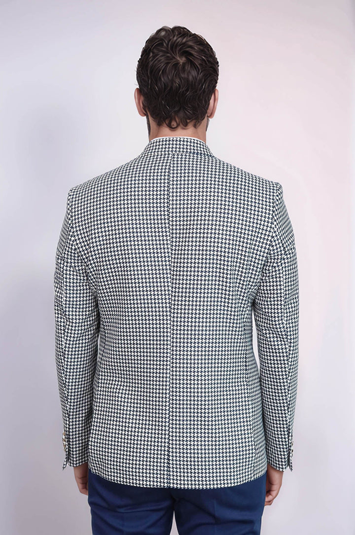 WSS Navy Blue Houndstooth Pattern Gold Metal Button Slim Fit Men's Blazer Jacket  - Annemasse