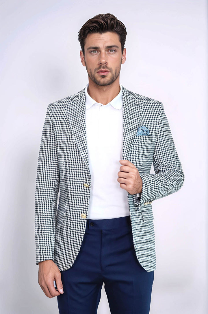 WSS Navy Blue Houndstooth Pattern Gold Metal Button Slim Fit Men's Blazer Jacket  - Annemasse