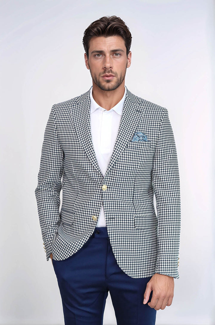 WSS Navy Blue Houndstooth Pattern Gold Metal Button Slim Fit Men's Blazer Jacket  - Annemasse