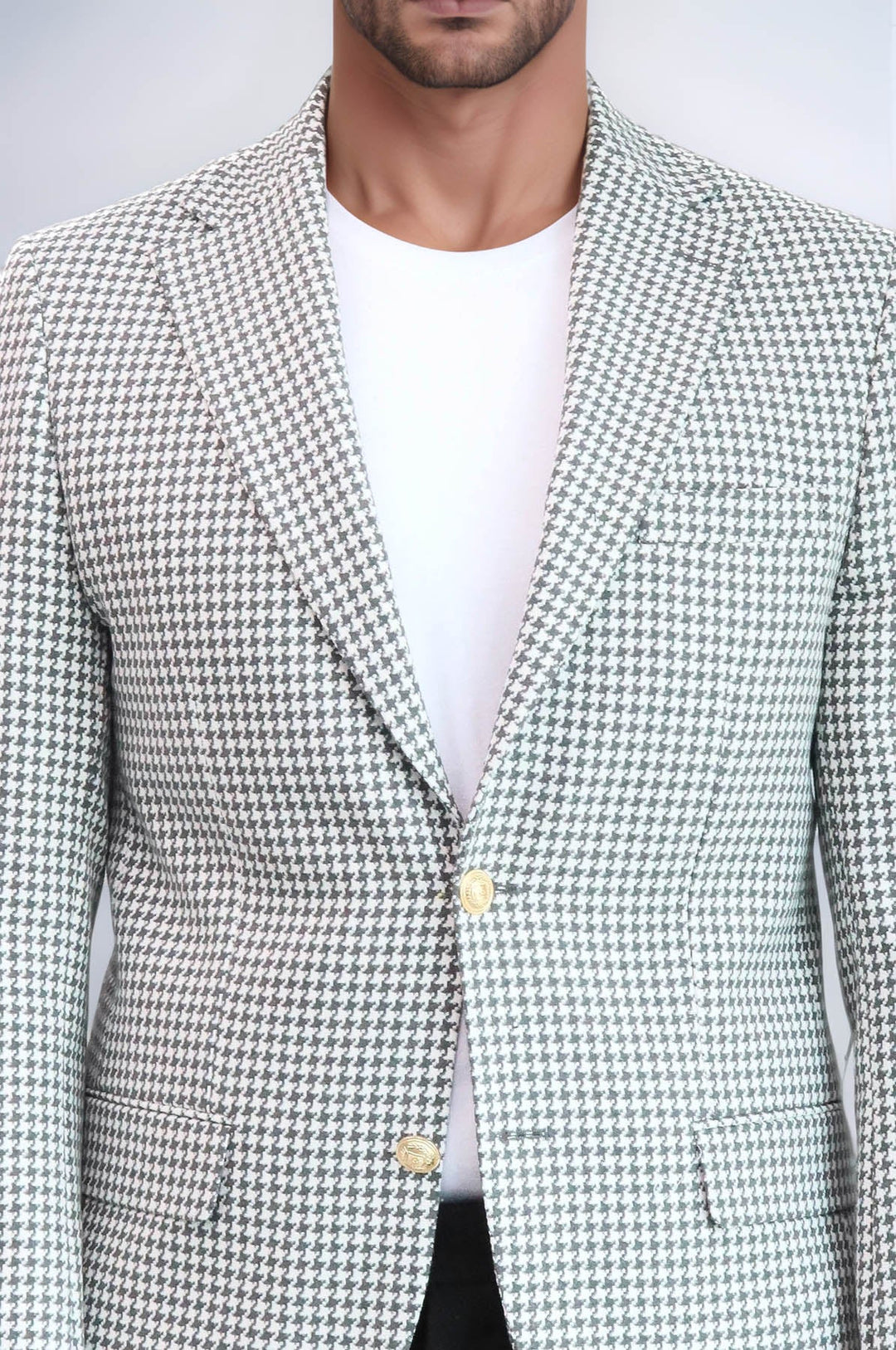 WSS Light Grey Houndstooth Pattern Gold Metal Button Slim Fit Men's Blazer Jacket  - Brunswick