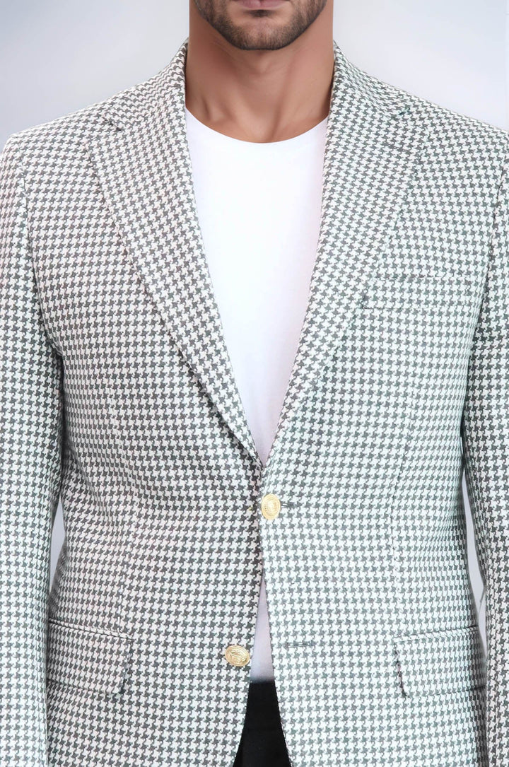 WSS Light Grey Houndstooth Pattern Gold Metal Button Slim Fit Men's Blazer Jacket  - Brunswick