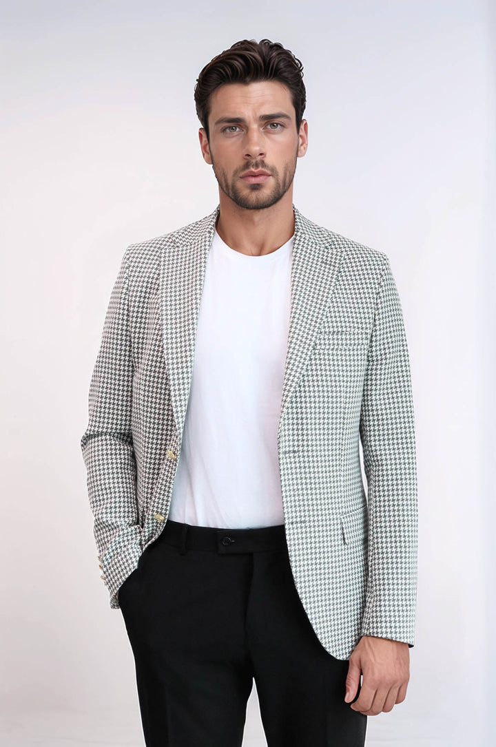 WSS Light Grey Houndstooth Pattern Gold Metal Button Slim Fit Men's Blazer Jacket  - Brunswick