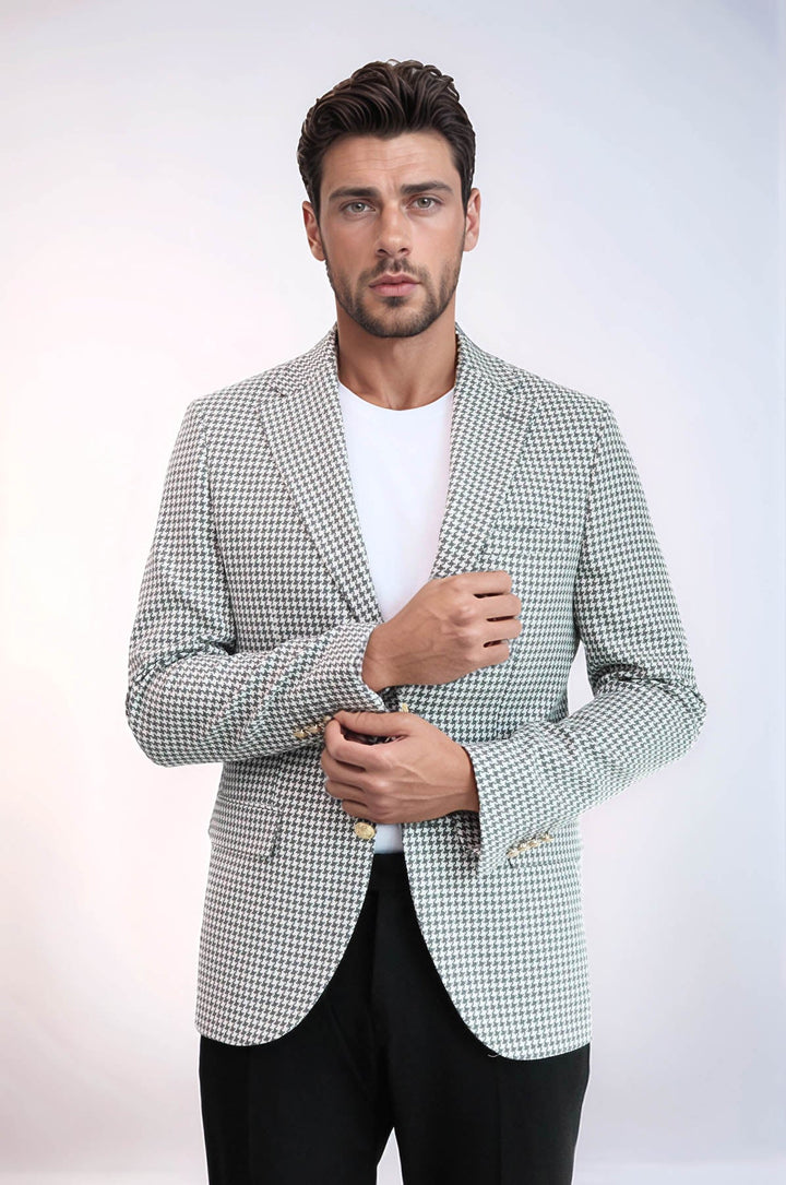 WSS Light Grey Houndstooth Pattern Gold Metal Button Slim Fit Men's Blazer Jacket  - Brunswick