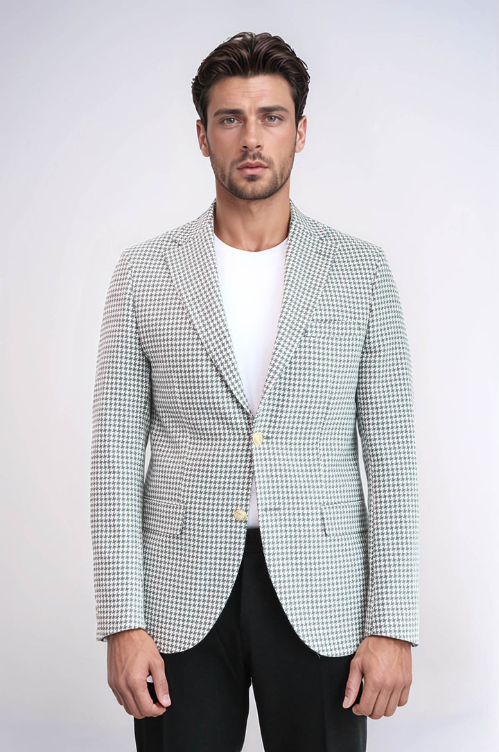 WSS Light Grey Houndstooth Pattern Gold Metal Button Slim Fit Men's Blazer Jacket  - Brunswick