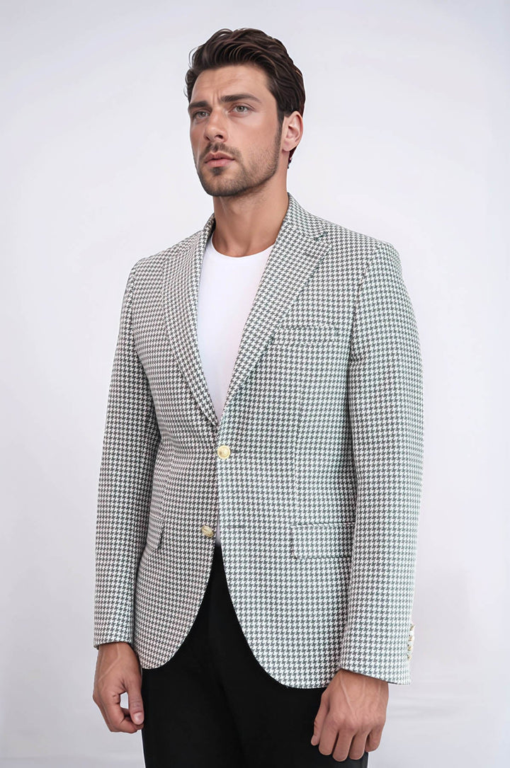 WSS Light Grey Houndstooth Pattern Gold Metal Button Slim Fit Men's Blazer Jacket  - Brunswick