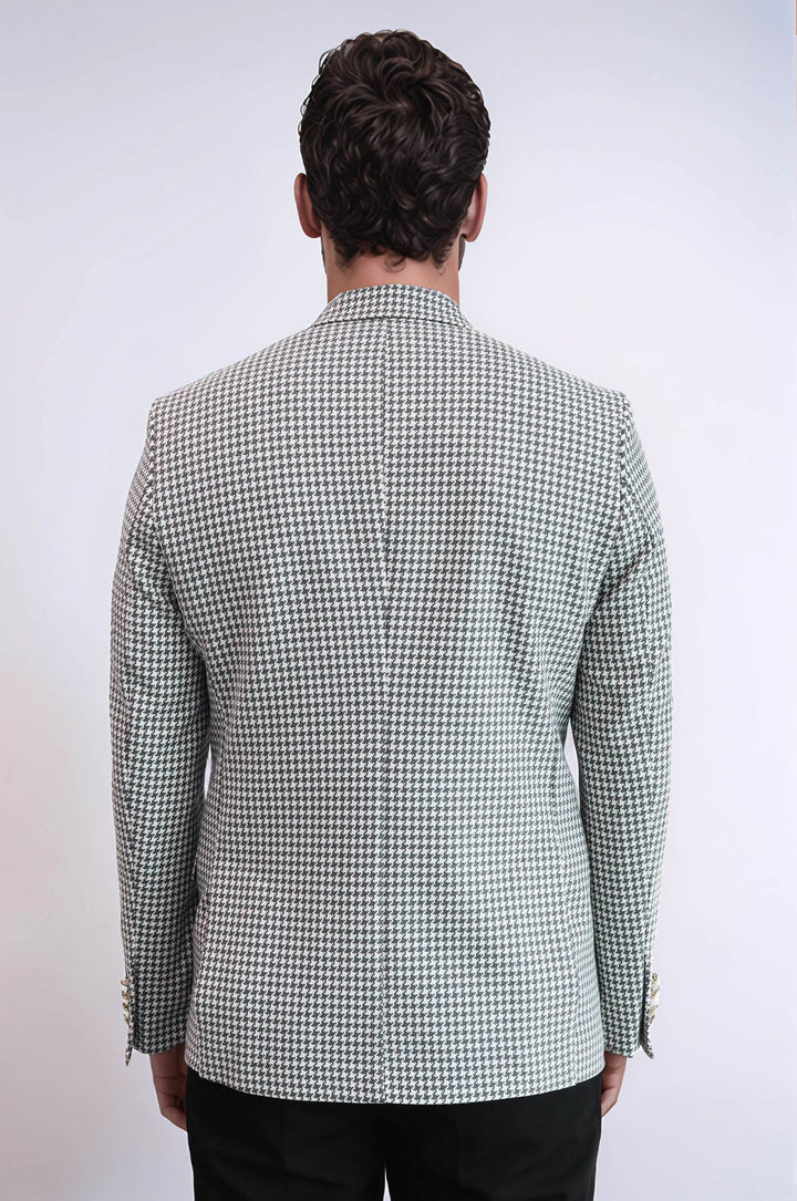 WSS Light Grey Houndstooth Pattern Gold Metal Button Slim Fit Men's Blazer Jacket  - Brunswick