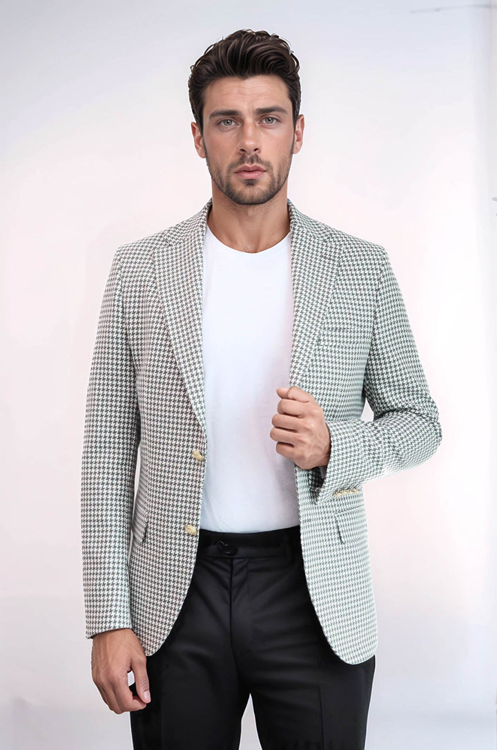 WSS Light Grey Houndstooth Pattern Gold Metal Button Slim Fit Men's Blazer Jacket  - Brunswick