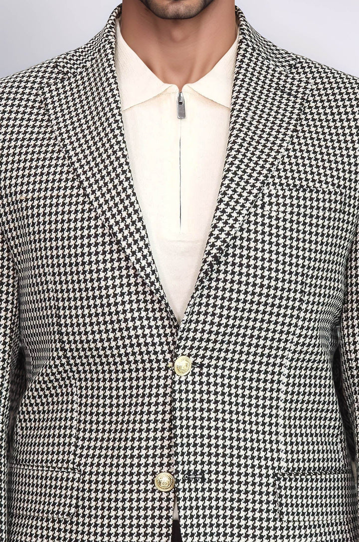 WSS Black & Cream Houndstooth Pattern Gold Metal Button Slim Fit Men's Blazer Jacket  - San Gabriel