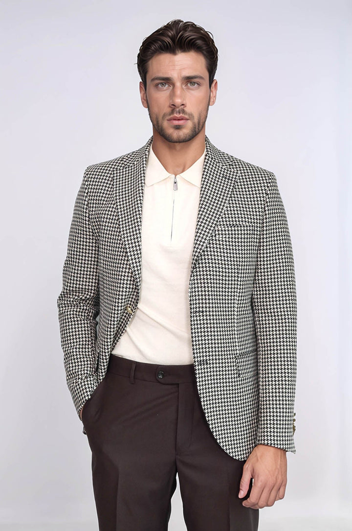 WSS Black & Cream Houndstooth Pattern Gold Metal Button Slim Fit Men's Blazer Jacket  - San Gabriel