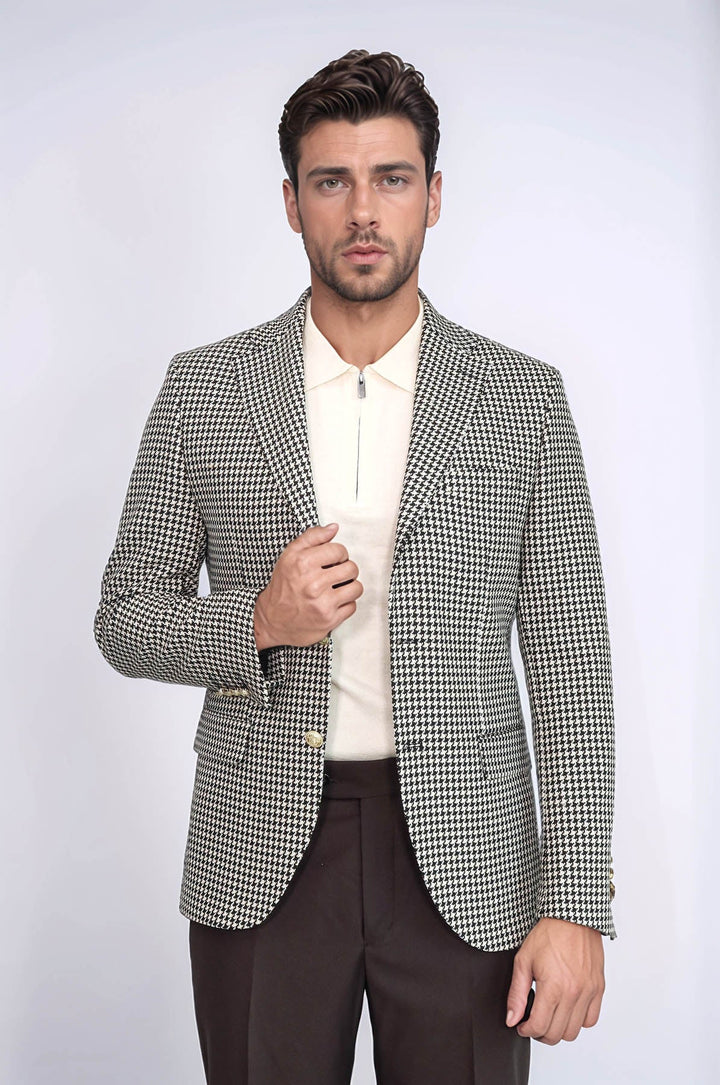 WSS Black & Cream Houndstooth Pattern Gold Metal Button Slim Fit Men's Blazer Jacket  - San Gabriel