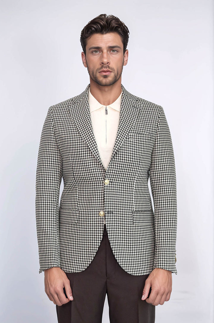 WSS Black & Cream Houndstooth Pattern Gold Metal Button Slim Fit Men's Blazer Jacket  - San Gabriel