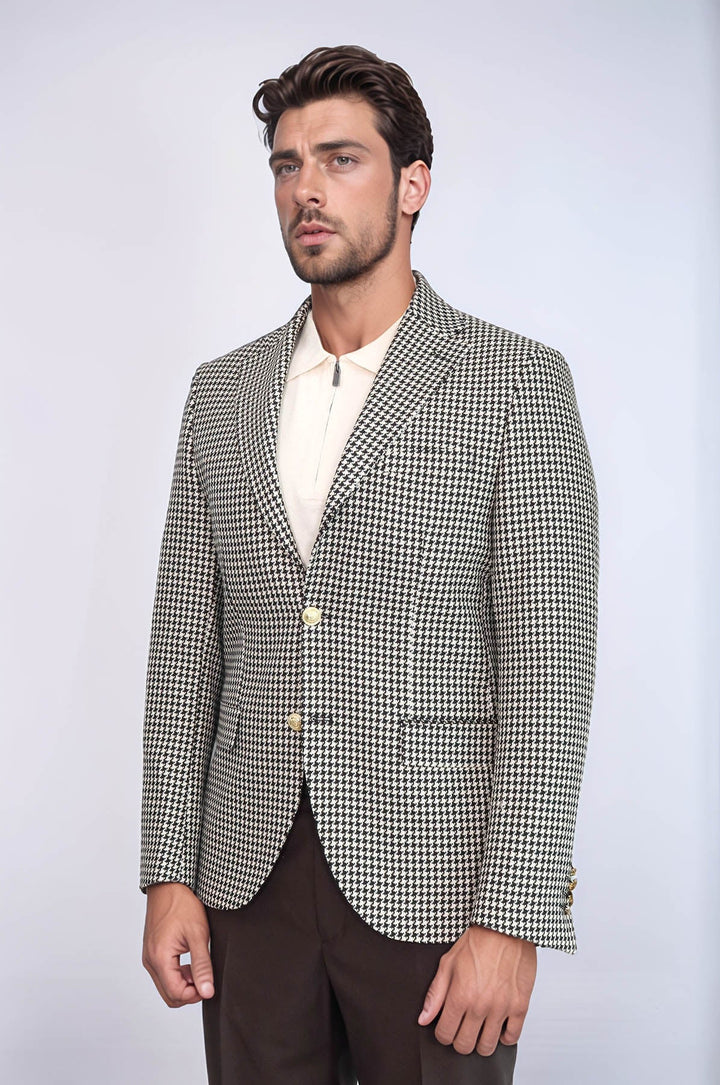 WSS Black & Cream Houndstooth Pattern Gold Metal Button Slim Fit Men's Blazer Jacket  - San Gabriel
