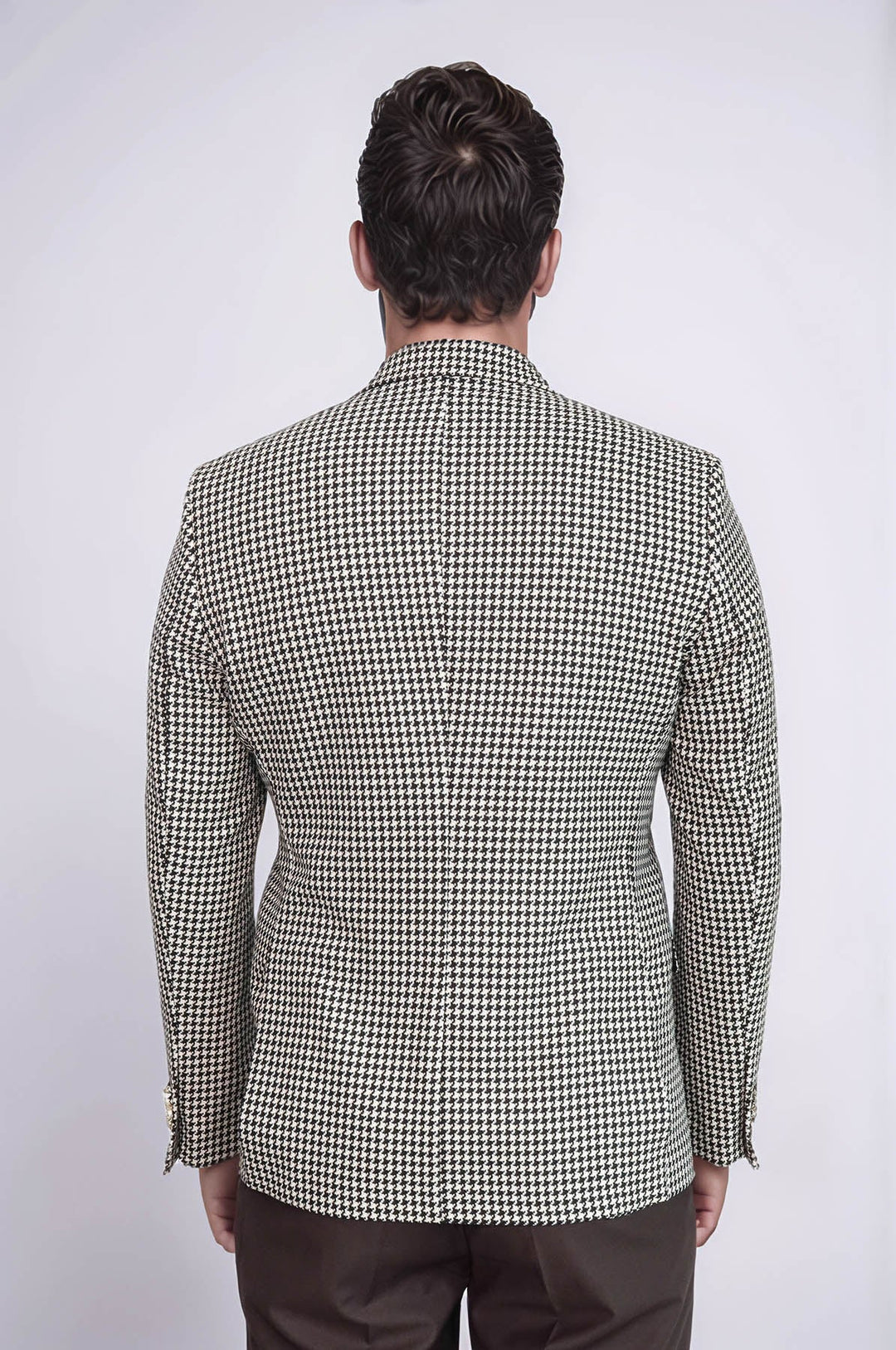 WSS Black & Cream Houndstooth Pattern Gold Metal Button Slim Fit Men's Blazer Jacket  - San Gabriel