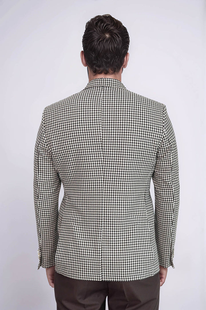 WSS Black & Cream Houndstooth Pattern Gold Metal Button Slim Fit Men's Blazer Jacket  - San Gabriel
