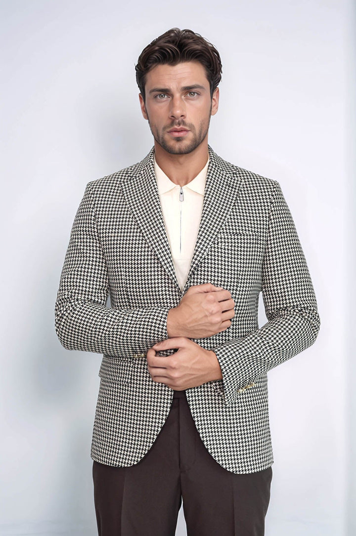 WSS Black & Cream Houndstooth Pattern Gold Metal Button Slim Fit Men's Blazer Jacket  - San Gabriel