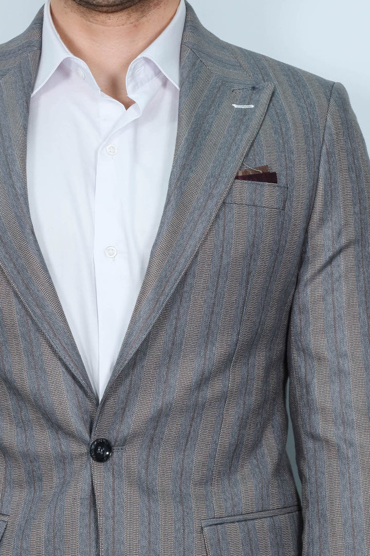 WSS Striped Slim Fit Men Grey Blazer  - Memphis