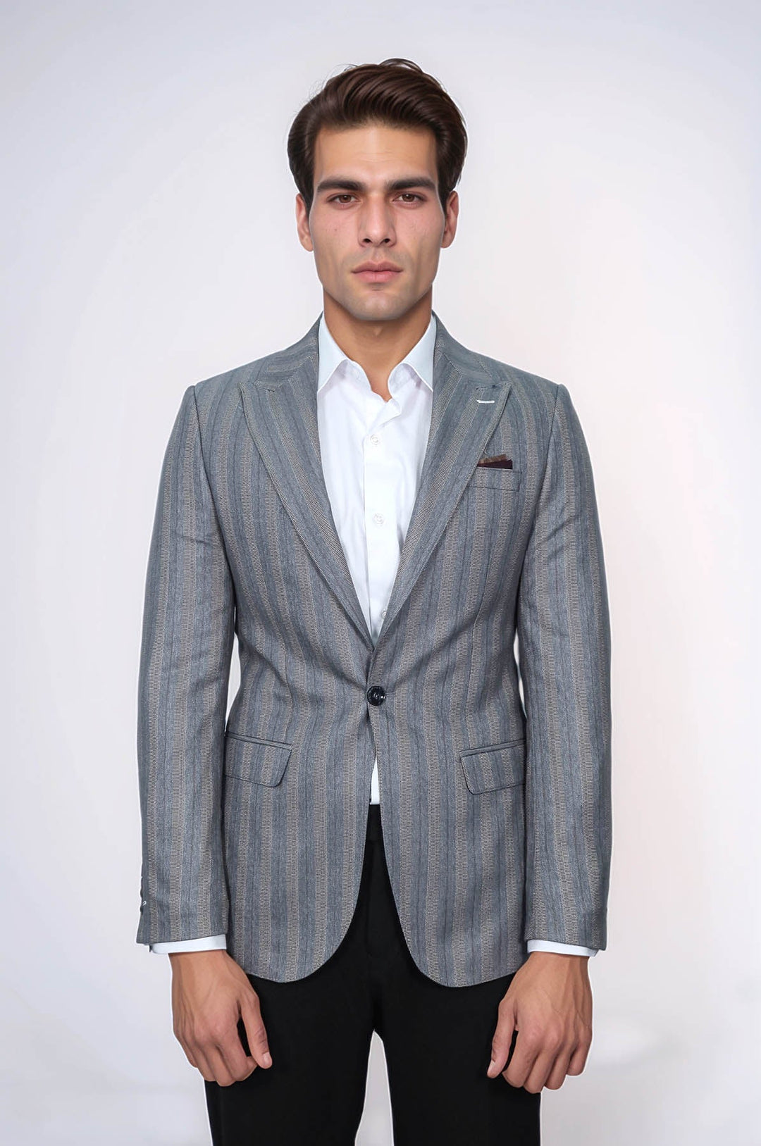 WSS Striped Slim Fit Men Grey Blazer  - Memphis