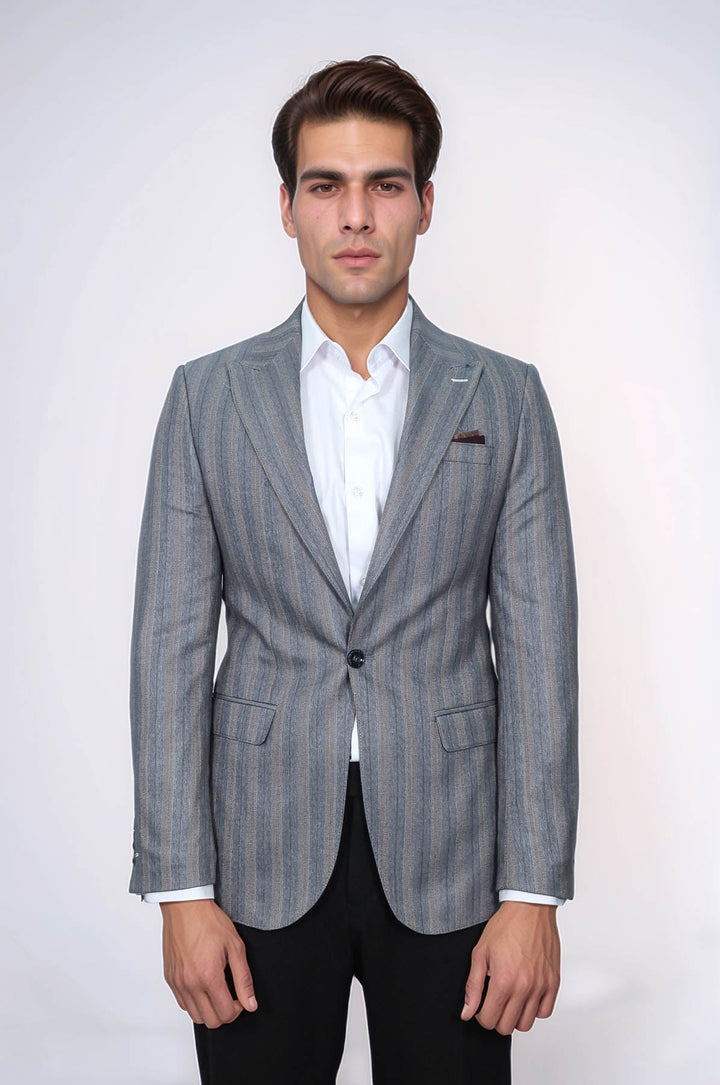 WSS Striped Slim Fit Men Grey Blazer  - Memphis