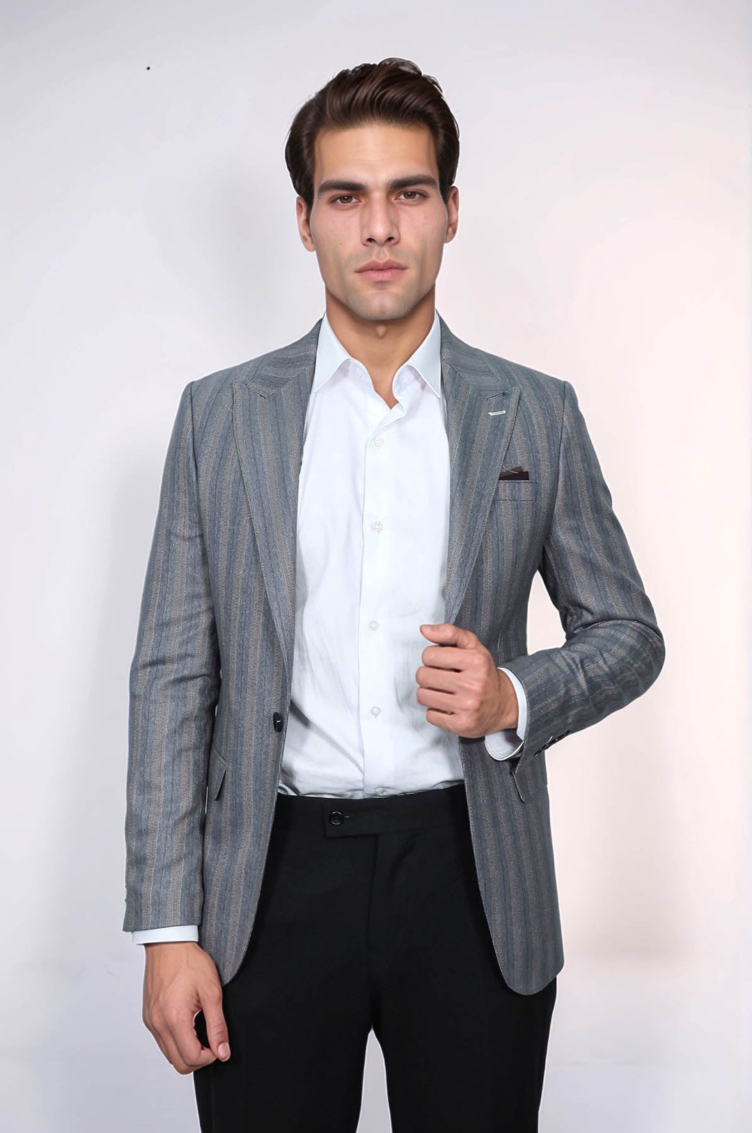 WSS Striped Slim Fit Men Grey Blazer  - Memphis