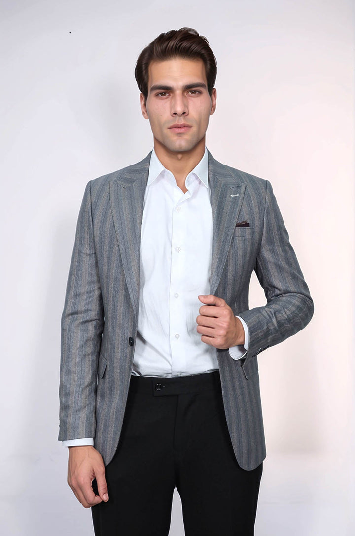 WSS Striped Slim Fit Men Grey Blazer  - Memphis