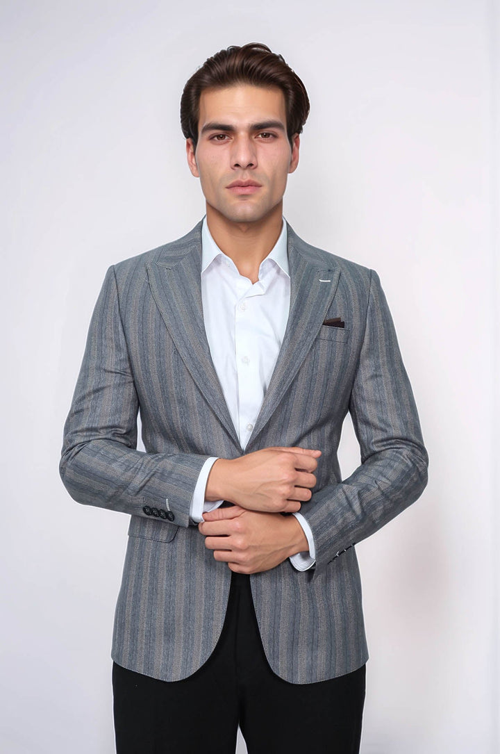 WSS Striped Slim Fit Men Grey Blazer  - Memphis