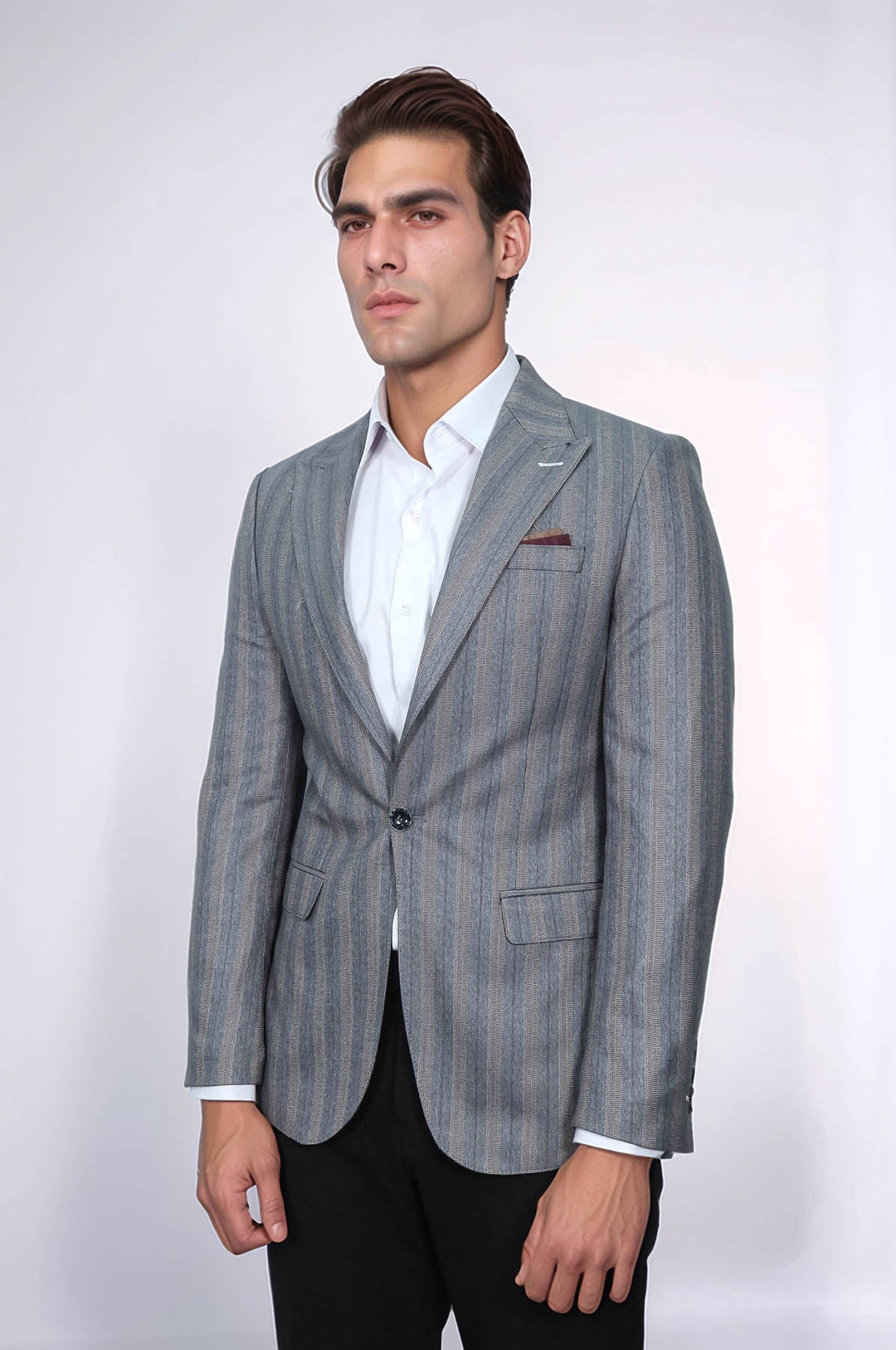 WSS Striped Slim Fit Men Grey Blazer  - Memphis