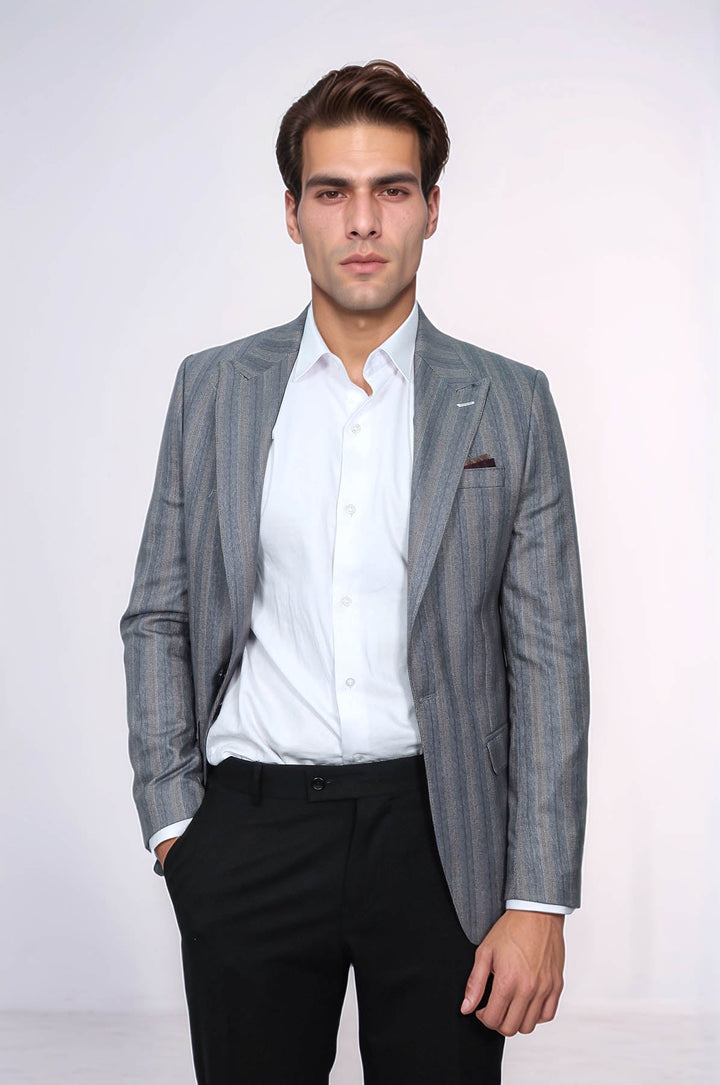 WSS Striped Slim Fit Men Grey Blazer  - Memphis
