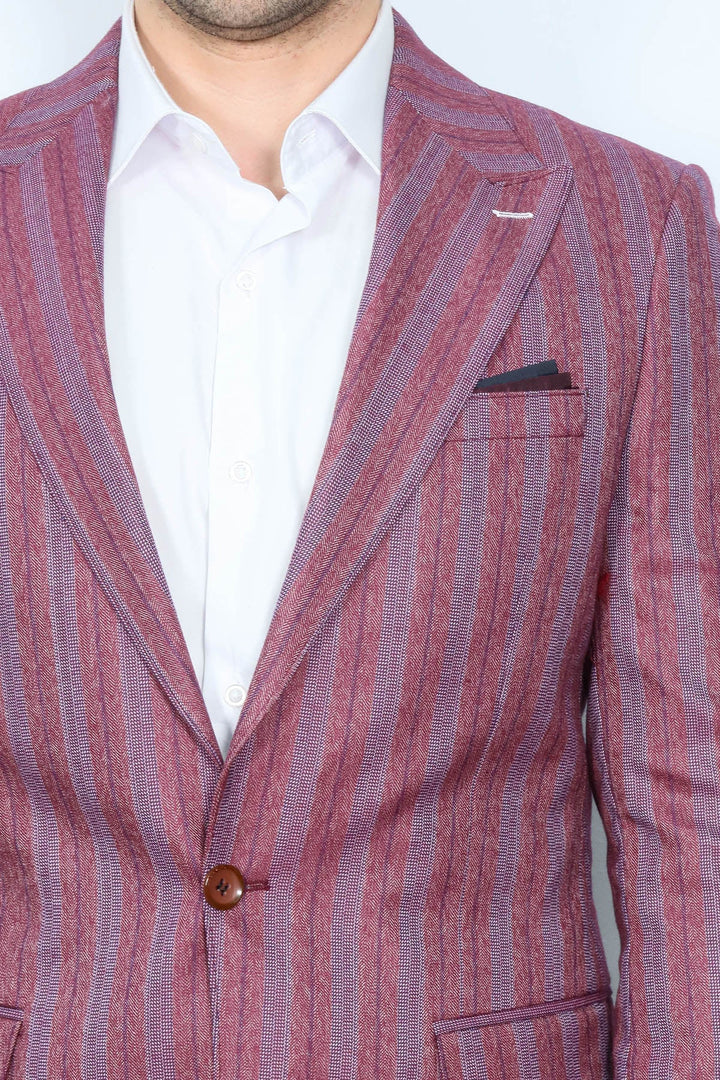 WSS Striped Slim Fit Single Button Burgundy Men Blazer  - Pervomaisk