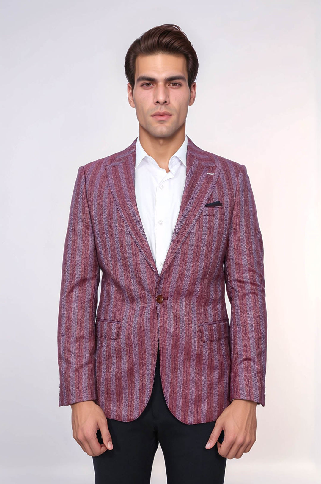 WSS Striped Slim Fit Single Button Burgundy Men Blazer  - Pervomaisk