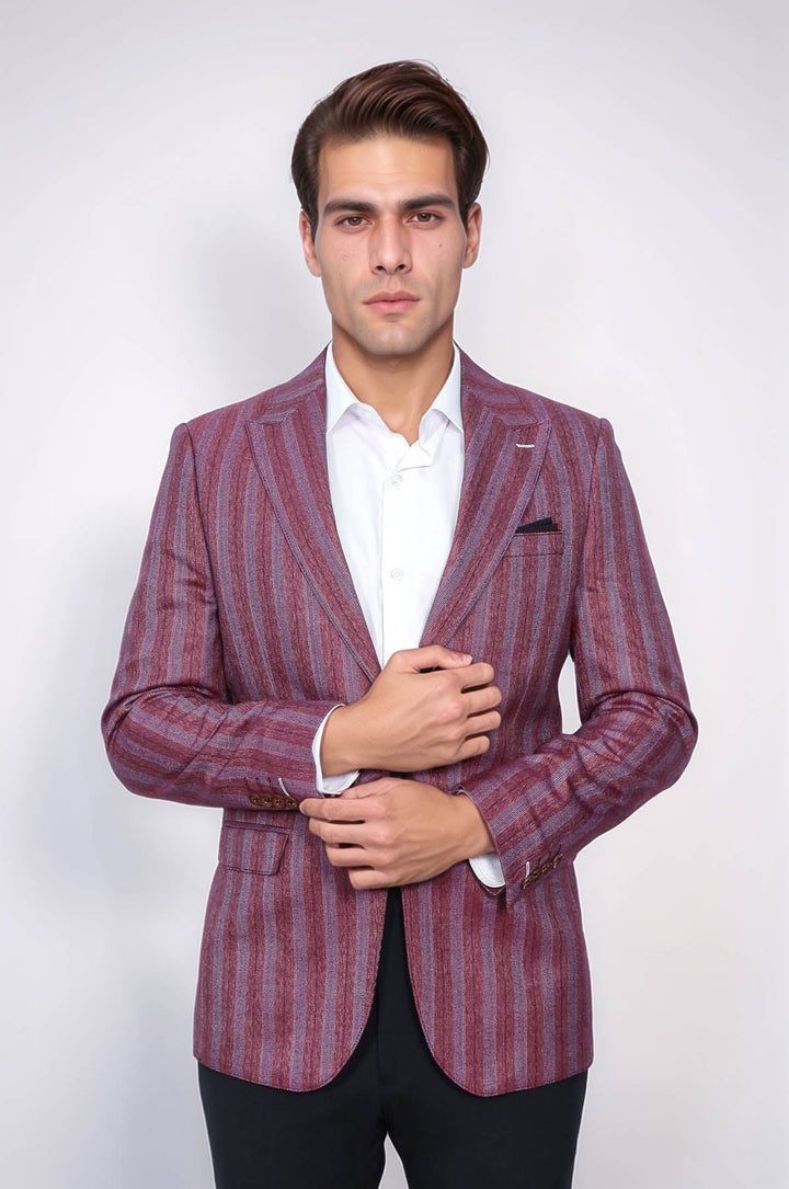 WSS Striped Slim Fit Single Button Burgundy Men Blazer  - Pervomaisk