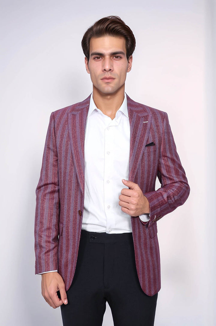 WSS Striped Slim Fit Single Button Burgundy Men Blazer  - Pervomaisk