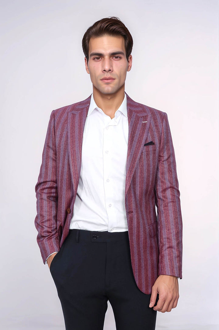 WSS Striped Slim Fit Single Button Burgundy Men Blazer  - Pervomaisk