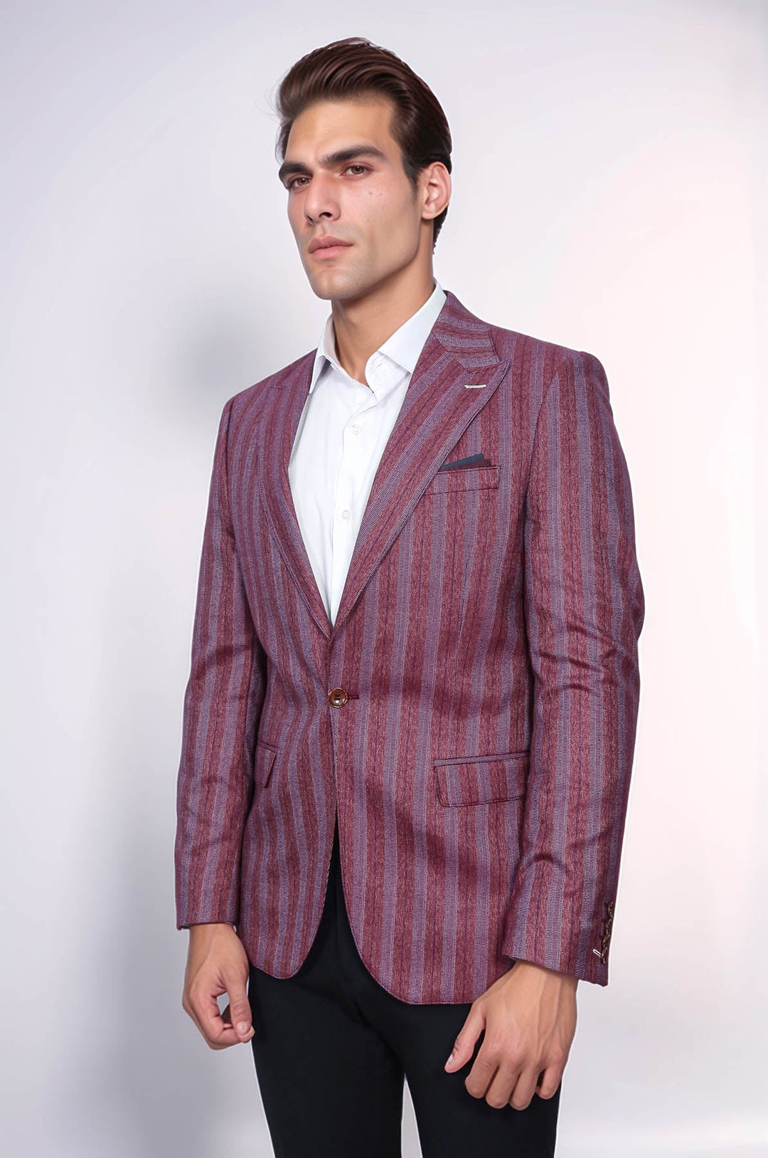 WSS Striped Slim Fit Single Button Burgundy Men Blazer  - Pervomaisk