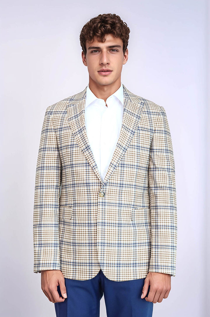 WSS Plaid Slim-Fit Brown Blue Men Blazer  - Empalme