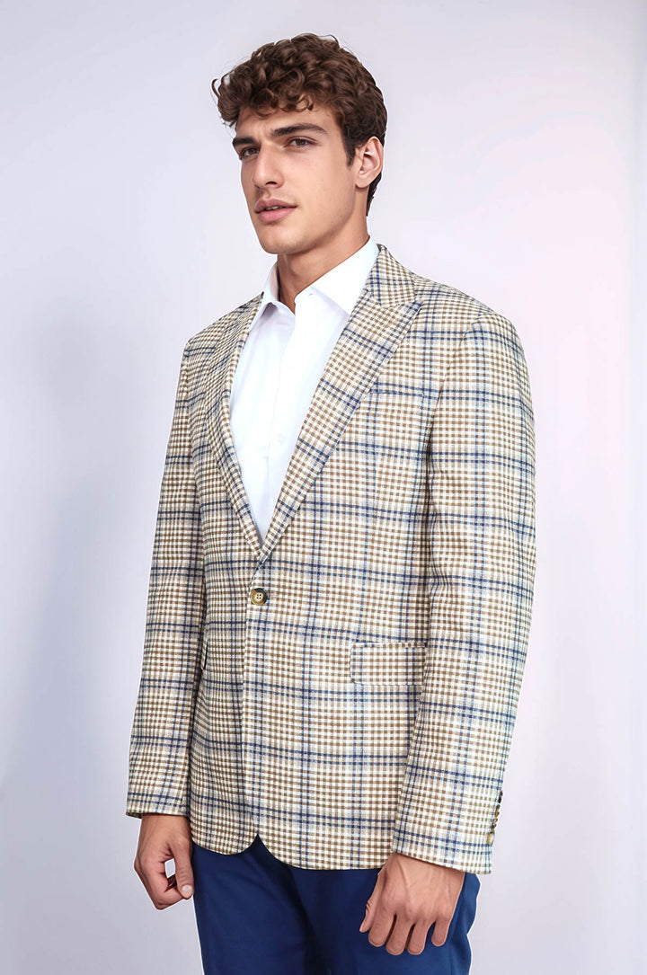 WSS Plaid Slim-Fit Brown Blue Men Blazer  - Empalme