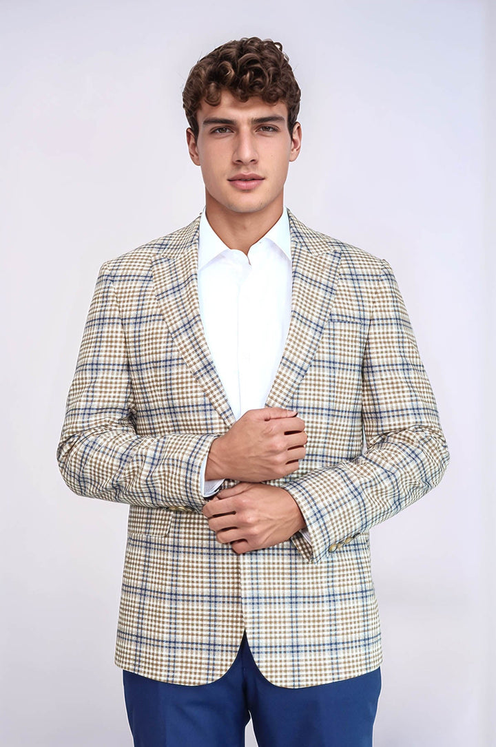 WSS Plaid Slim-Fit Brown Blue Men Blazer  - Empalme
