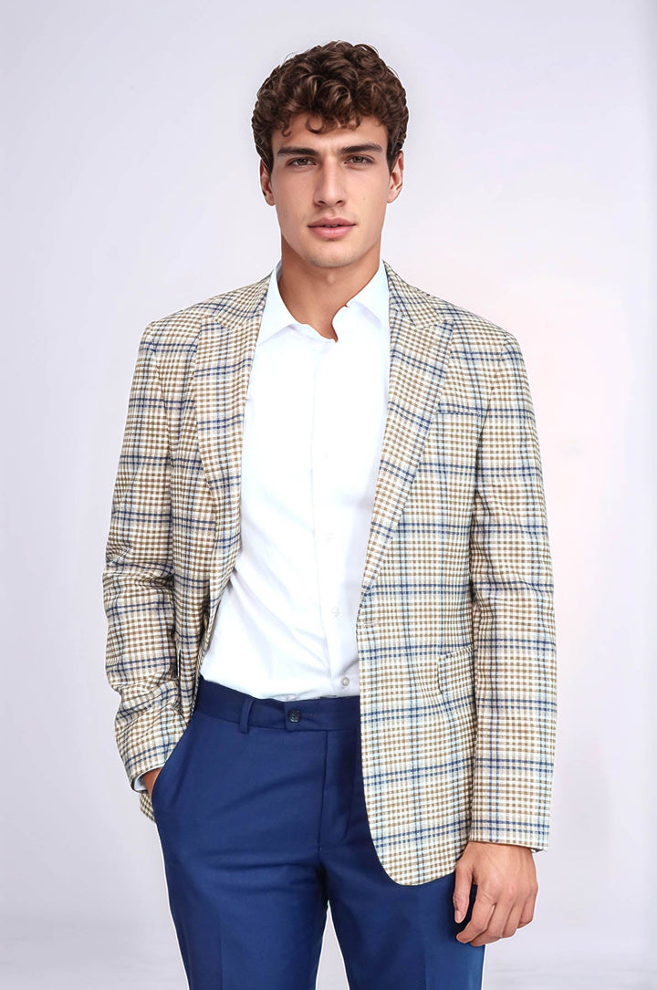 WSS Plaid Slim-Fit Brown Blue Men Blazer  - Empalme