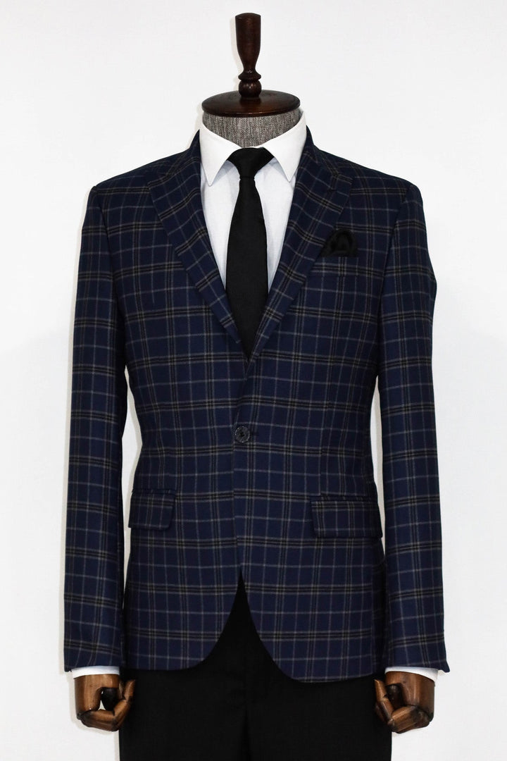 WSS Checked Navy Blue Men Blazer and Trousers Combination  - Mesa