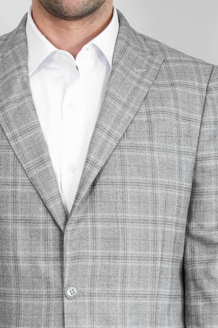 WSS Slim Fit Peak Lapel Checked Grey Men Blazer  - Smila