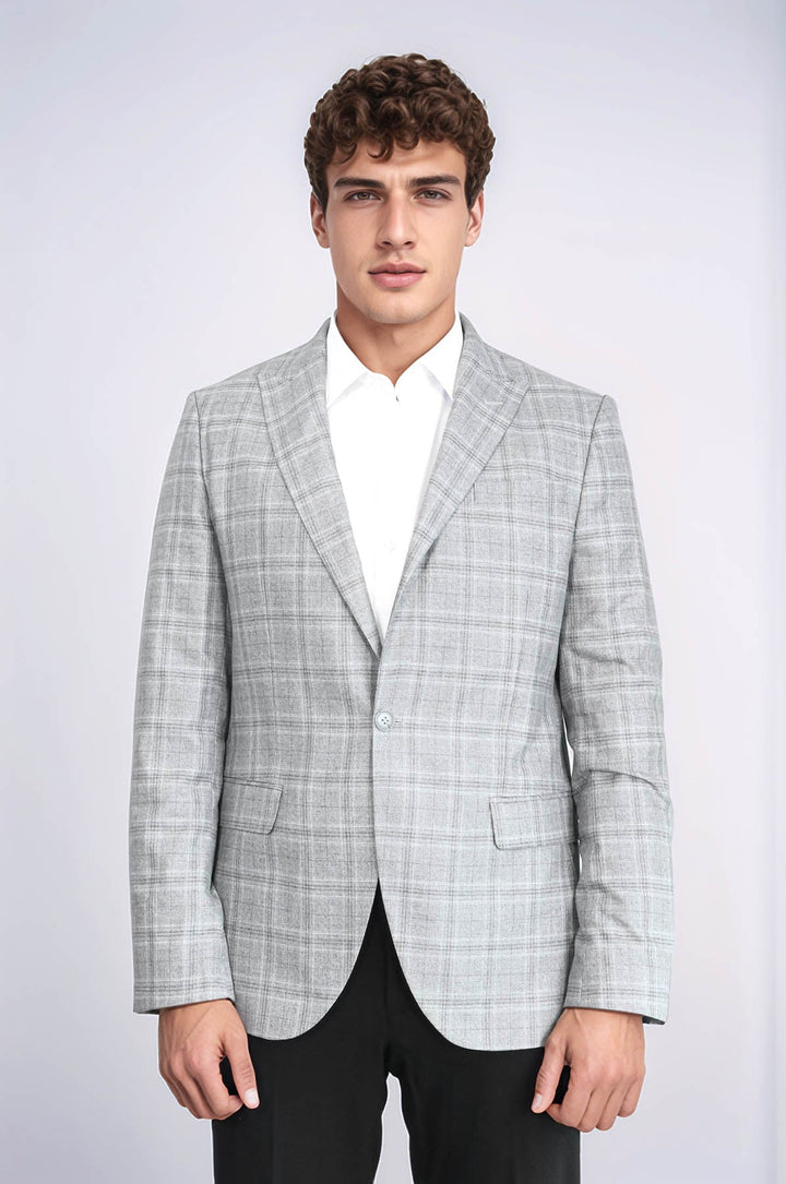 WSS Slim Fit Peak Lapel Checked Grey Men Blazer  - Smila
