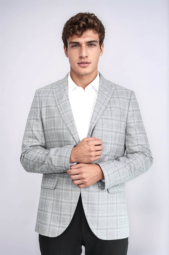 WSS Slim Fit Peak Lapel Checked Grey Men Blazer  - Smila
