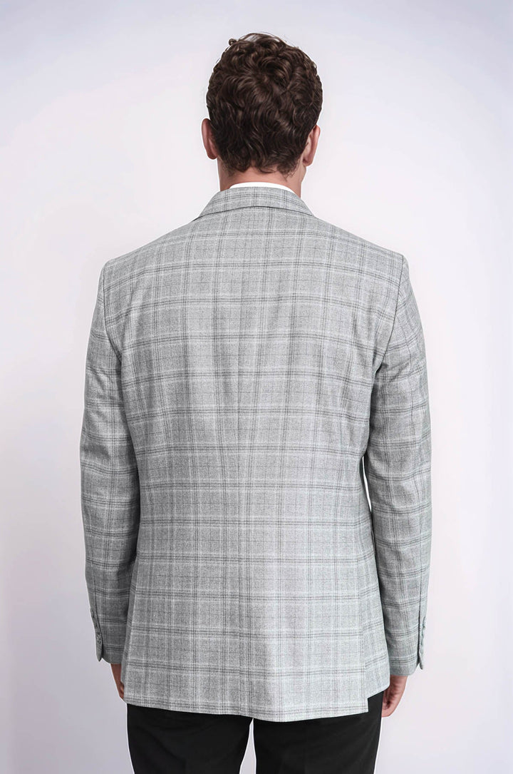 WSS Slim Fit Peak Lapel Checked Grey Men Blazer  - Smila