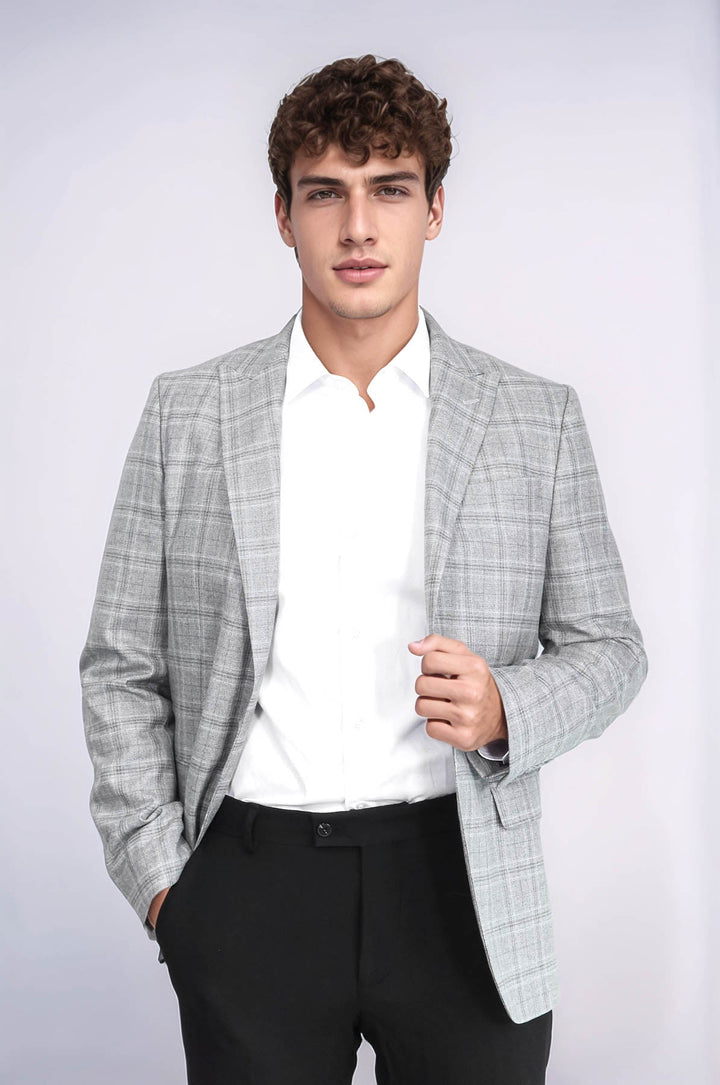 WSS Slim Fit Peak Lapel Checked Grey Men Blazer  - Smila