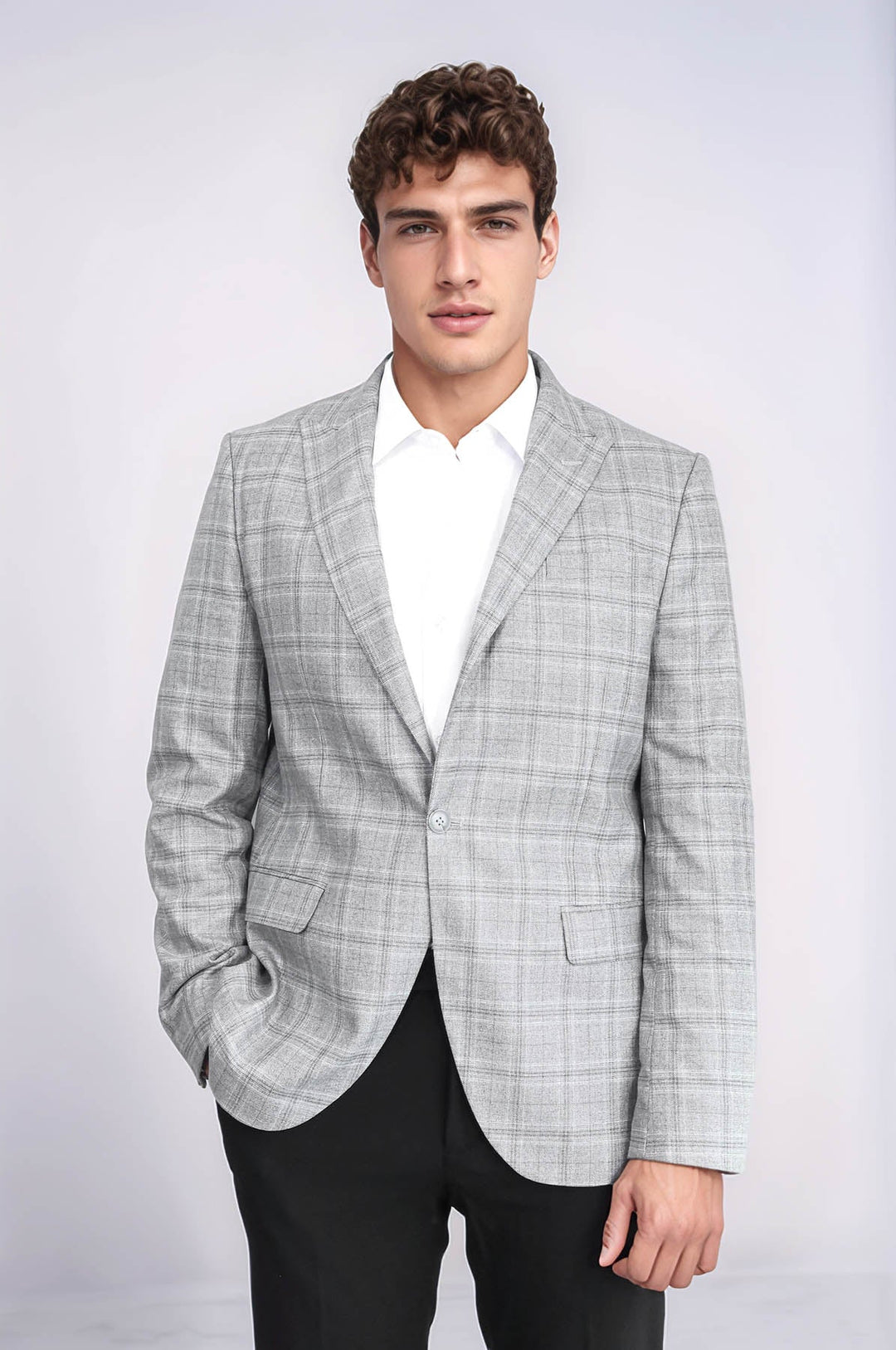 WSS Slim Fit Peak Lapel Checked Grey Men Blazer  - Smila