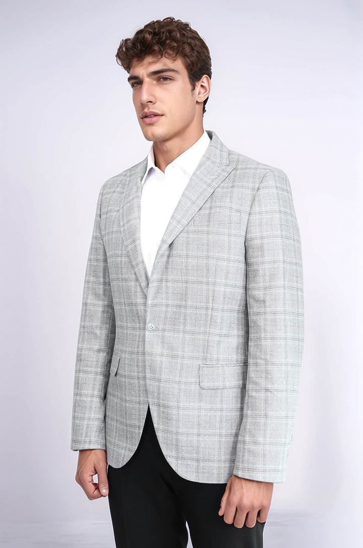 WSS Slim Fit Peak Lapel Checked Grey Men Blazer  - Smila