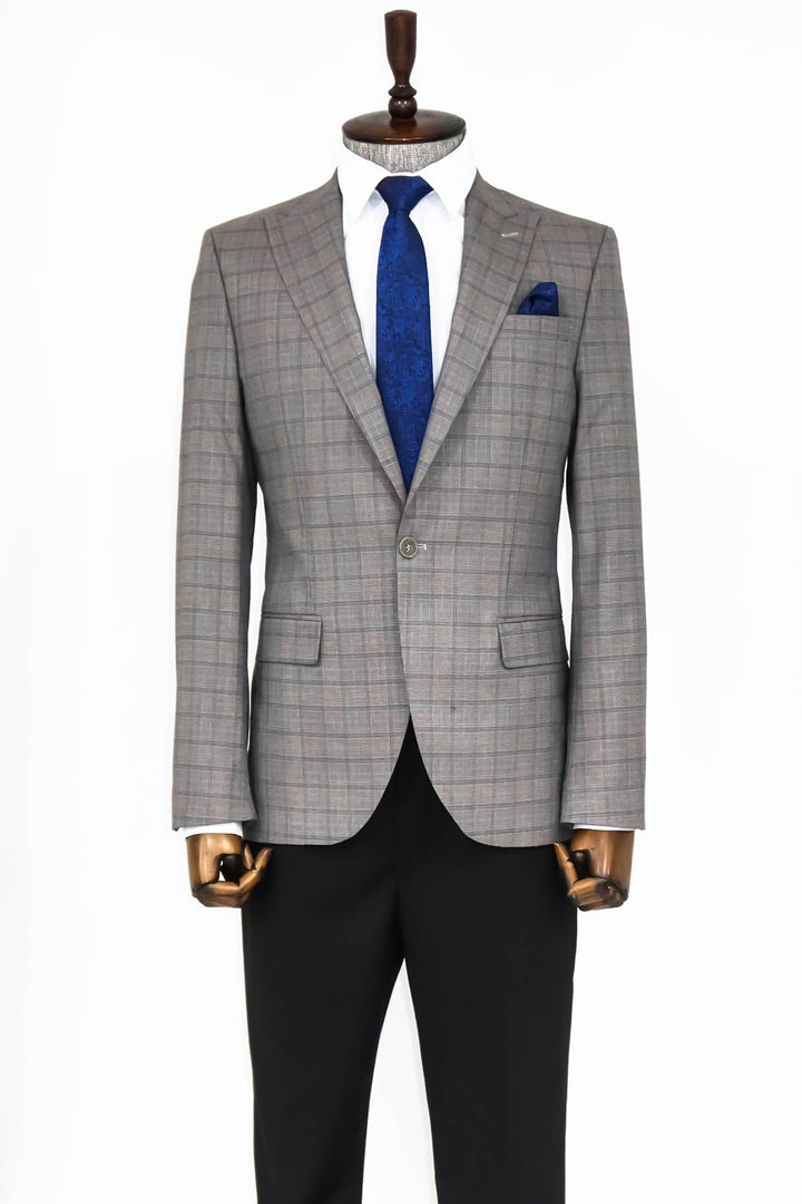 WSS Slim Fit Peak Lapel Checked Grey Men Blazer  - Singen