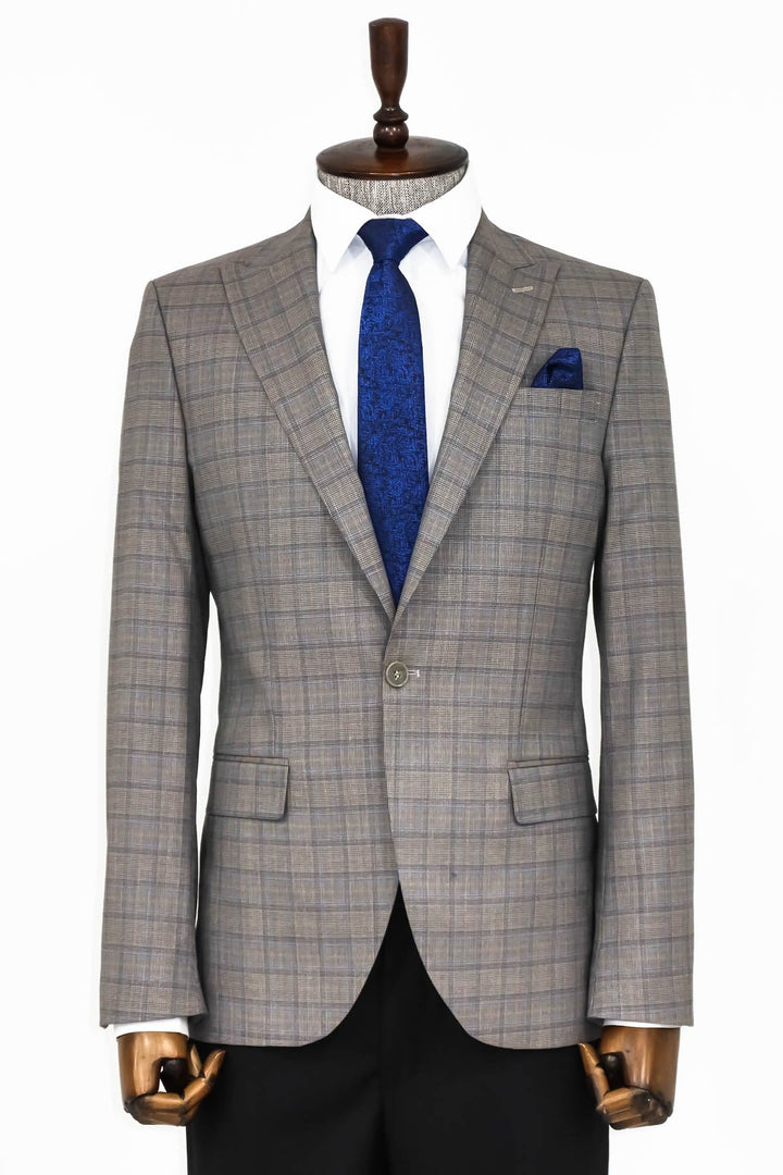 WSS Slim Fit Peak Lapel Checked Grey Men Blazer  - Singen