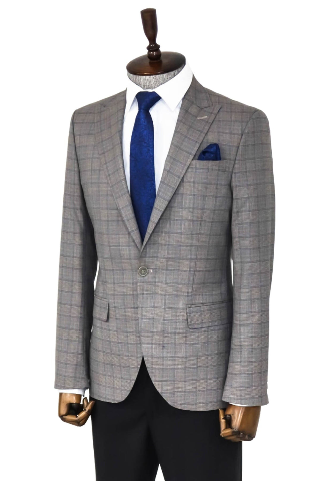 WSS Slim Fit Peak Lapel Checked Grey Men Blazer  - Singen