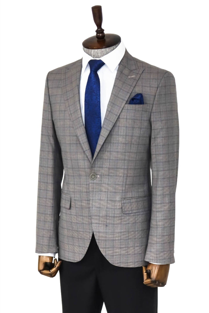 WSS Slim Fit Peak Lapel Checked Grey Men Blazer  - Singen